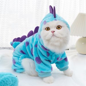 Cozy Dinosaur-Themed Pet Hoodie - Soft Flannel Jumpsuit for Small to Medium Dogs & Cats, Perfect for Fall/Winter