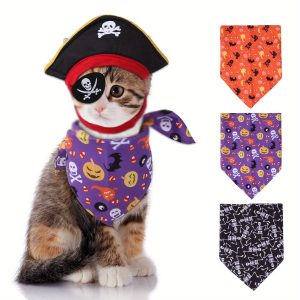 Halloween Pet Pirate Costume, Funny Captain Cap Bandana Eye Patch Cosplay Accessories for Cats Dogs