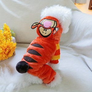 1pc Cartoon Tiger Costume Dog Outfit, Winter Warm Plush Four-Legged Pet Clothes, Polyester Knit with Snap Closure, Suitable for Small Breeds