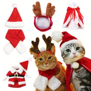 Christmas Pet Costume Set - Reindeer Antler Headband, Santa Hat, Cape, and Scarf Accessory Kit for Cats and Small Dogs - Woven Polyester, No Battery Needed - Festive Holiday Apparel for Pets