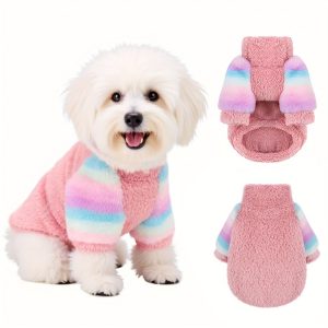 Dog Sweater For Small Dog Winter Warm Fleece Dog Hoodies Turtleneck Dog Sweatshirt Dog Clothes Boy Girls Pet Pullover With Rainbow Sleeves Cat Apparel Stretchy Outfit