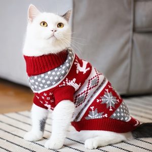 1pc Pet Christmas Reindeer Printed Sweater, Cute High-necked Cat Knitted Sweater, Cat Clothing, Warm Pet Clothes Suitable For Cat Party Costume