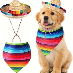 Pet Dog Bandana with Matching Sombrero Hat Set - Polyester Knit Fabric Neck Scarf and Mini Sun Hat for Dogs and Cats - Machine Washable, All-Season Accessory - Ideal for Medium, Small, Mini & Toy Breeds - Colorful Design with Tether Fastening