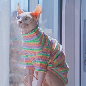 Sphynx Devon Cat Sweater, Cotton Stretch Rainbow Striped Long Sleeve, All-Season Pet Clothing, Pull-On for Small, Medium, Large, Extra Large Breeds