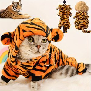 Tiger Costume for Cats and Small Dogs - Animal Patterned Polyamide Pullover with Polyester Fill, Fantasy Themed Knit Fabric, Hand Wash Only - Winter and Autumn Apparel for Poodles, Bulldogs, Corgis