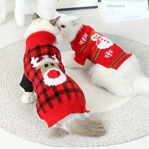 Christmas Dog Costume Pet Dog Sweater Vest Cute Bear Red Striped Cat Sweaters Warm Winter Dog Clothes Holiday Puppy Cat Jumpers Outfits New Year Gifts For Small Medium Large Dogs Cats