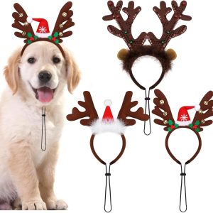 Pedgot 3 Pack Christmas Pet Headwear Xmas Hair Loop Brown Reindeer Antlers Headband Christmas Pet Costume Hair Accessory for Dogs & Cat